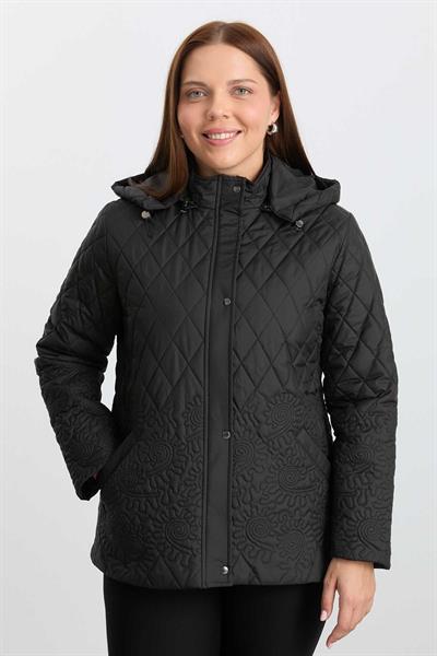 Etek Ucu Nakışlı Kapitone Mont  /  SİYAH