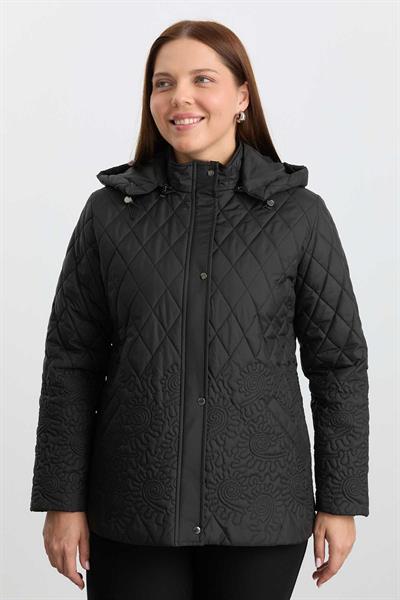 Etek Ucu Nakışlı Kapitone Mont  /  SİYAH