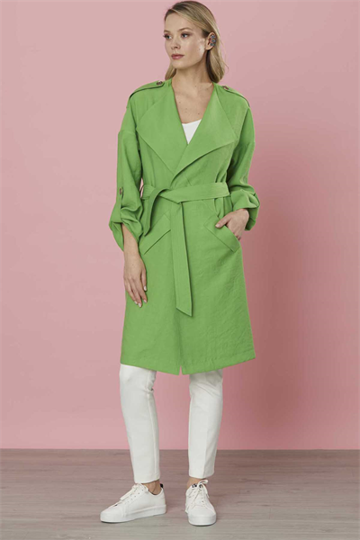 Geniş Yaka Bağlamalı Uzun Ceket  /  YEŞİL