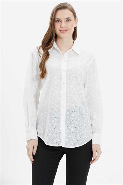 Gömlek Yaka Brode Yıldızlı Bluz  /  EKRU