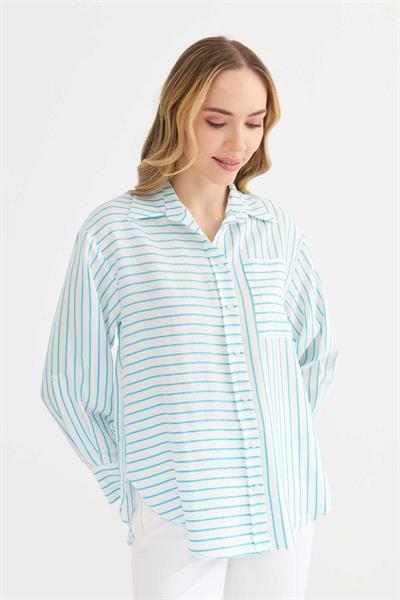 Gömlek Yaka Çizgili Kolu Kıvırmalı Bluz  /  MAVİ