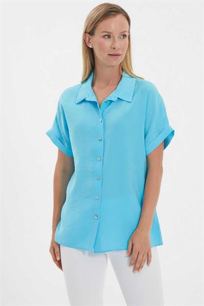 Gömlek Yaka Kısa Kol Bluz  /  MAVİ