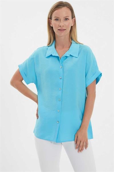 Gömlek Yaka Kısa Kol Bluz  /  MAVİ