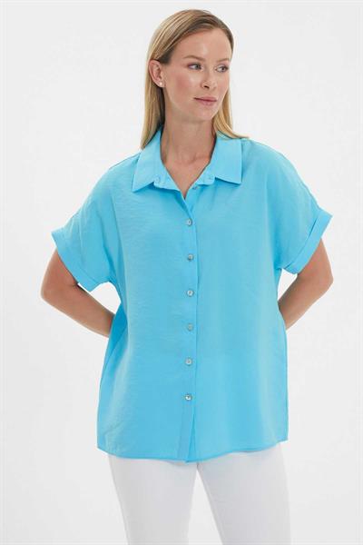 Gömlek Yaka Kısa Kol Bluz  /  MAVİ
