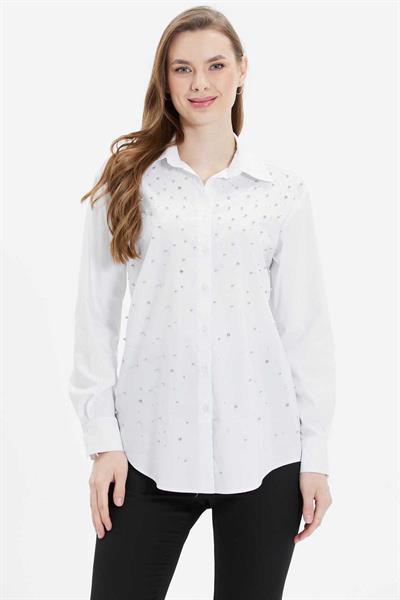 Gömlek Yaka Önü Taşlı Uzun Kol Bluz  /  BEYAZ