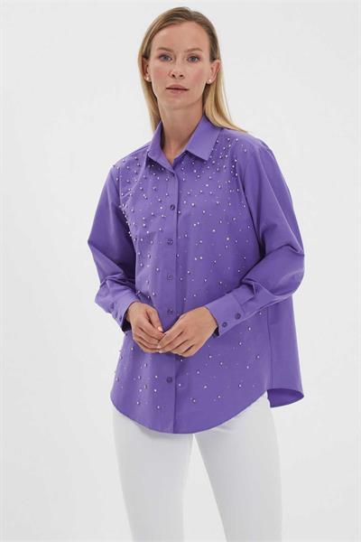 Gömlek Yaka Önü Taşlı Uzun Kol Bluz  /  MOR