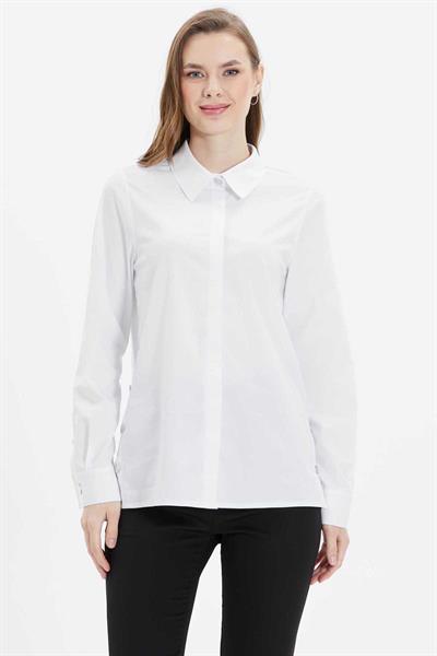 Gömlek Yaka Yanları Düğmeli Uzun Kol Bluz  /  BEYAZ