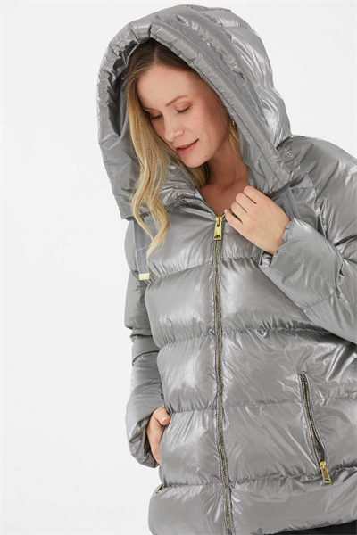 Grogrenli Kendinden Kapüşonlu Mont  /  GRİ