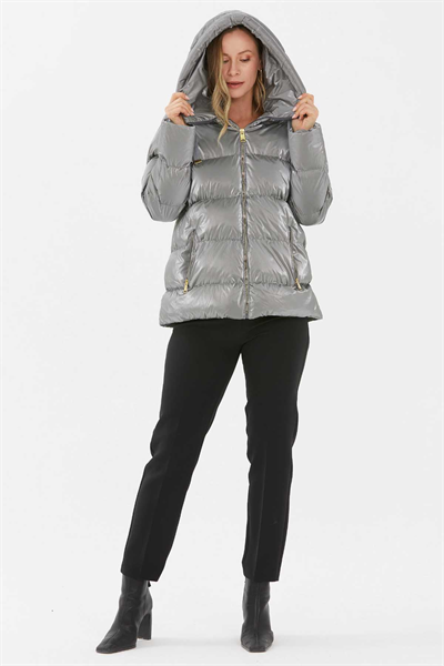 Grogrenli Kendinden Kapüşonlu Mont  /  GRİ