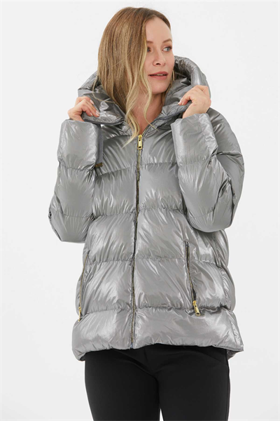 Grogrenli Kendinden Kapüşonlu Mont  /  GRİ