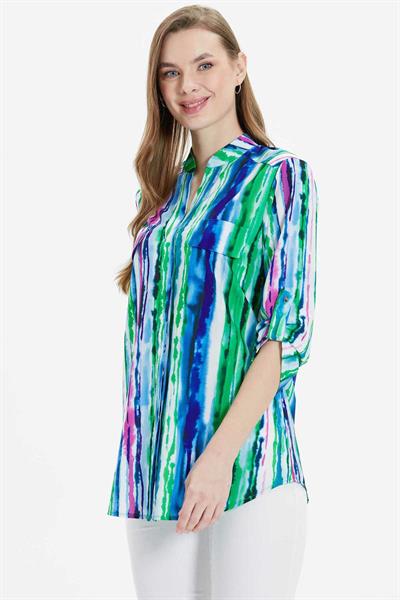 Hakim Yaka Çizgi Desen Kapak Cep Bluz  /  MAVİ