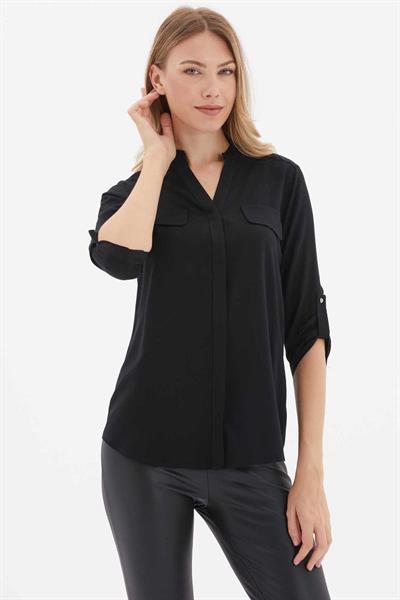 Hakim Yaka Kapak Cep Bluz  /  SİYAH