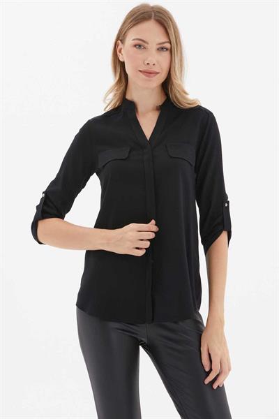 Hakim Yaka Kapak Cep Bluz  /  SİYAH