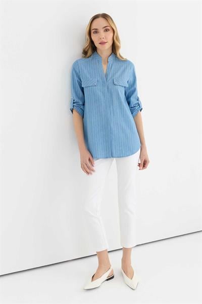 Hakim Yaka Kapak Cep Çizgili Bluz  /  MAVİ