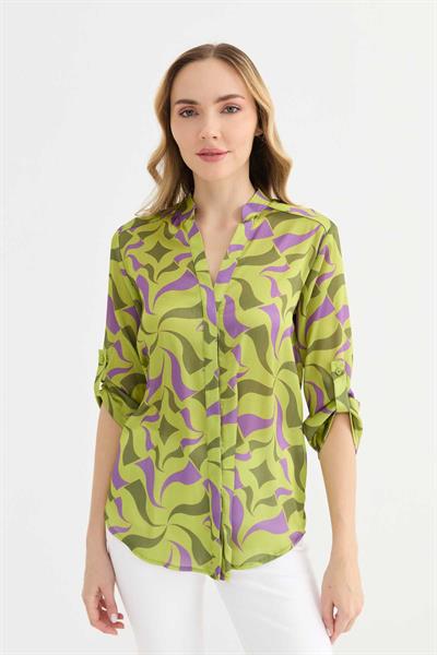 Hakim Yaka Kolu Kıvırmalı Emprime Bluz  /  YEŞİL