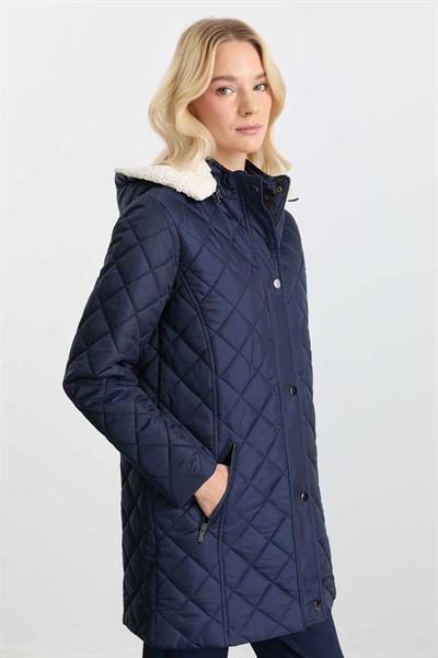 Kapüşon İçi Kürklü Cebi Fermuarlı Kapitone Mont  /  LACİVERT