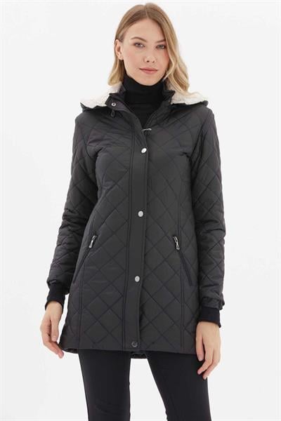 Kapüşon İçi Kürklü Cebi Fermuarlı Kapitone Mont  /  SİYAH