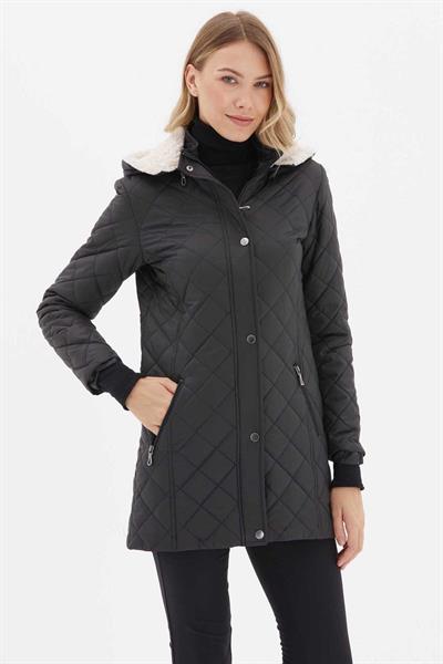 Kapüşon İçi Kürklü Cebi Fermuarlı Kapitone Mont  /  SİYAH