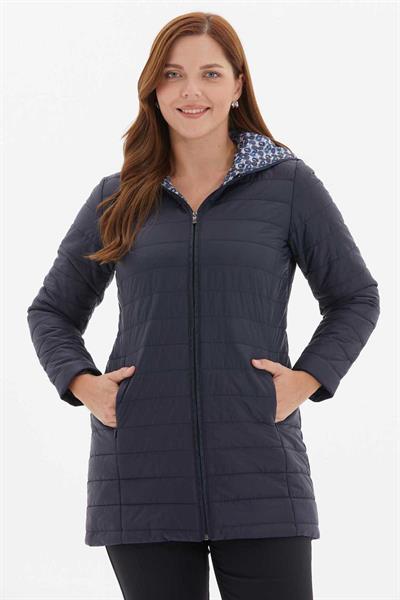 Kapüşonlu Desenli Astarlı Kapitone Mont  /  LACİVERT