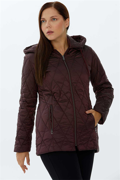 Kapüşonlu Fermuarlı Kapitone Mont  /  BORDO