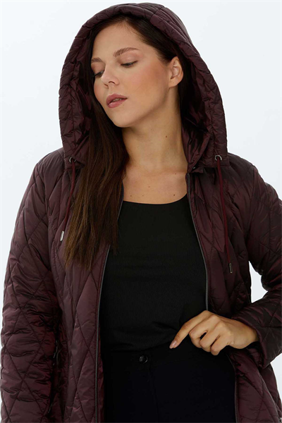 Kapüşonlu Fermuarlı Kapitone Mont  /  BORDO