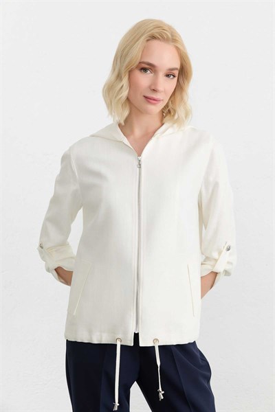 Kapüşonlu Önü Fermuarlı Ceket  /  EKRU