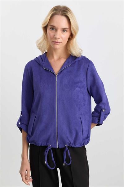 Kapüşonlu Önü Fermuarlı Fitilli Bluz  /  MAVİ