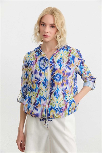 Kapüşonlu Önü Fermuarlı İkat Desen Ceket  /  SAKS