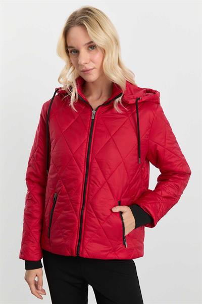 Kapüşonlu Önü Fermuarlı Kısa Mont  /  KIRMIZI
