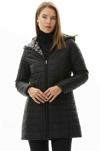 Kapüşonlu Şal Desen Astarlı Kapitone Mont  /  SİYAH