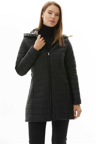 Kapüşonlu Şal Desen Astarlı Kapitone Mont  /  SİYAH