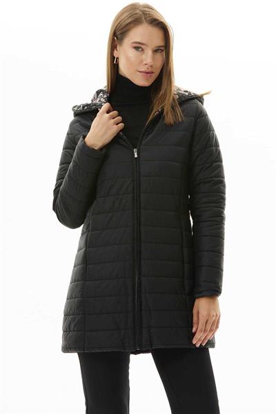 Kapüşonlu Şal Desen Astarlı Kapitone Mont  /  SİYAH