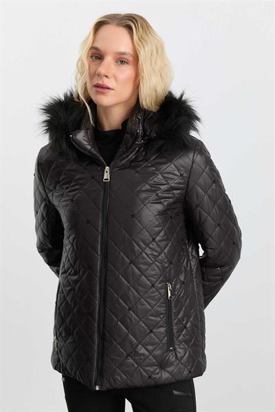 Kapüşonu Kürklü Boncuklu Mont  /  SİYAH