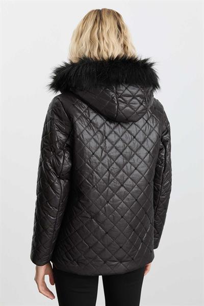 Kapüşonu Kürklü Boncuklu Mont  /  SİYAH