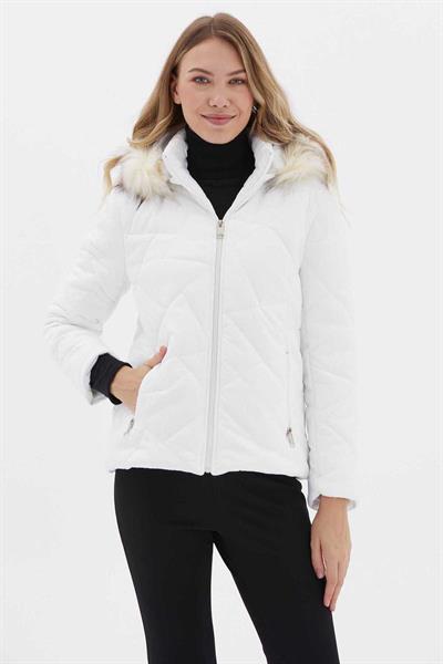 Kapüşonu Kürklü Kırışık Desenli Mont  /  EKRU