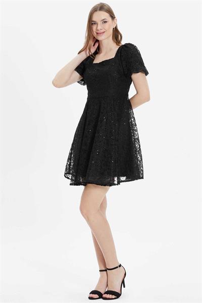 Kare Yaka Eteği Plikaşe Dantelli Payetli Elbise  /  SİYAH