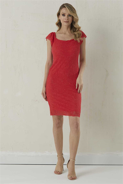 Kare Yaka Kolu Lastikli Dantelli Elbise  /  MERCAN