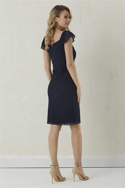 Kare Yaka Kolu Lastikli Dantelli Elbise  /  LACİVERT