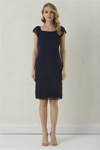 Kare Yaka Kolu Lastikli Dantelli Elbise  /  LACİVERT