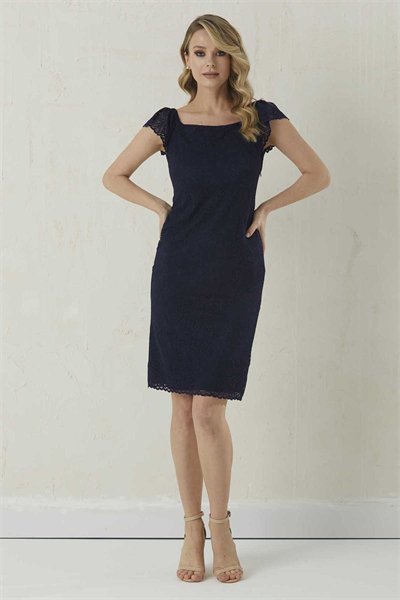 Kare Yaka Kolu Lastikli Dantelli Elbise  /  LACİVERT