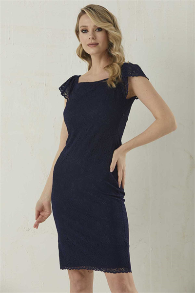 Kare Yaka Kolu Lastikli Dantelli Elbise  /  LACİVERT