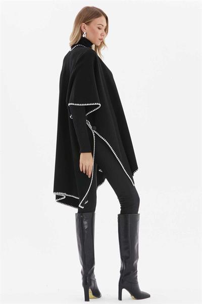 Kenarları İşlemeli Triko Panço  /  SİYAH