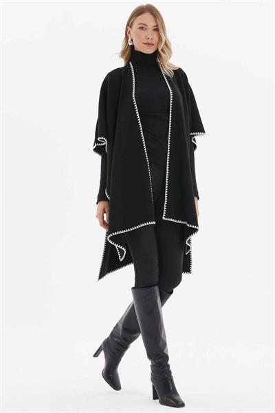 Kenarları İşlemeli Triko Panço  /  SİYAH