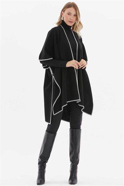 Kenarları İşlemeli Triko Panço  /  SİYAH