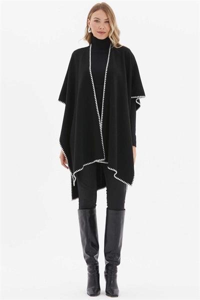 Kenarları İşlemeli Triko Panço  /  SİYAH