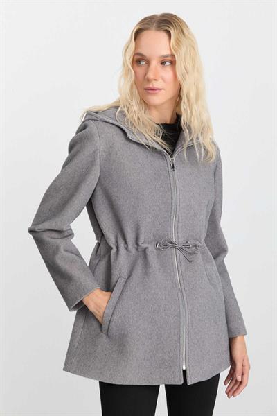 Kendinden Kapüşonlu Beli Lastik Büzgülü Kaban  /  GRİ
