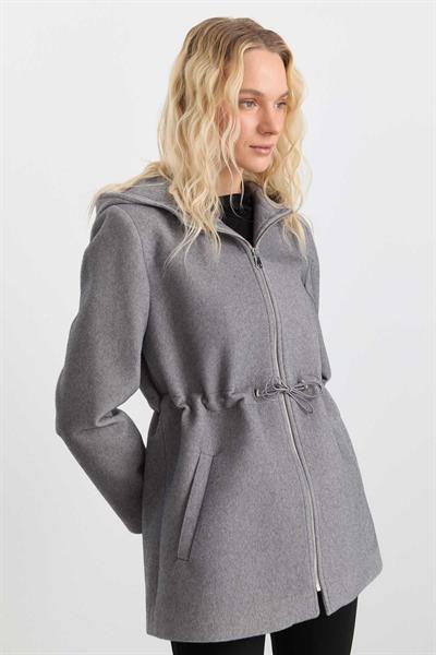 Kendinden Kapüşonlu Beli Lastik Büzgülü Kaban  /  GRİ