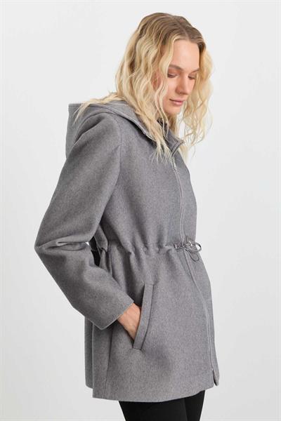 Kendinden Kapüşonlu Beli Lastik Büzgülü Kaban  /  GRİ