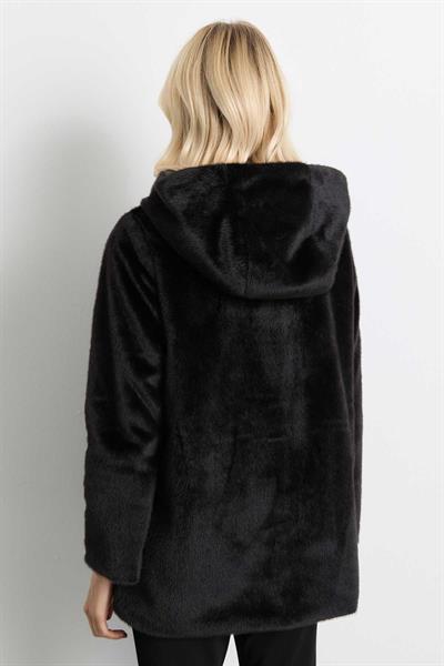 Kendinden Kapüşonlu Çıtçıtlı Kürk Kaban  /  SİYAH