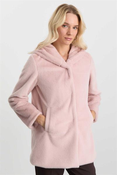 Kendinden Kapüşonlu Çıtçıtlı Kürk Kaban  /  PUDRA